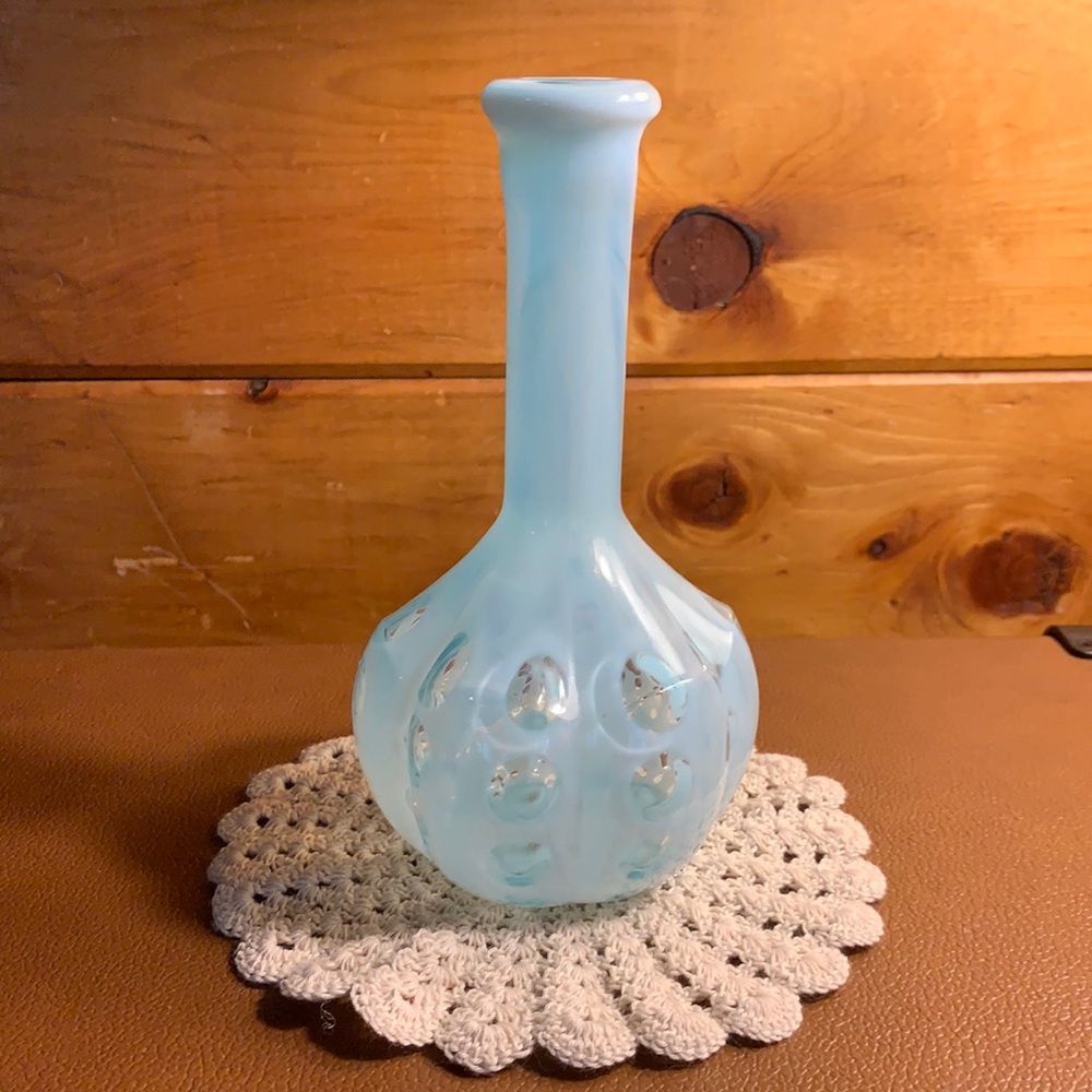 Fenton light blue opalescent coin dot oil decanter